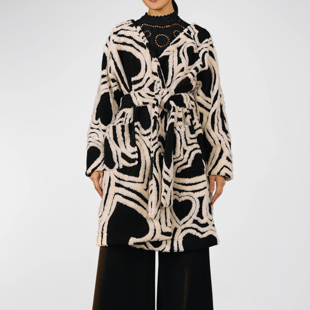 $260 Farm Rio Wild Hearts Tie-Belt Wool Blend Fleece Coat Black / White